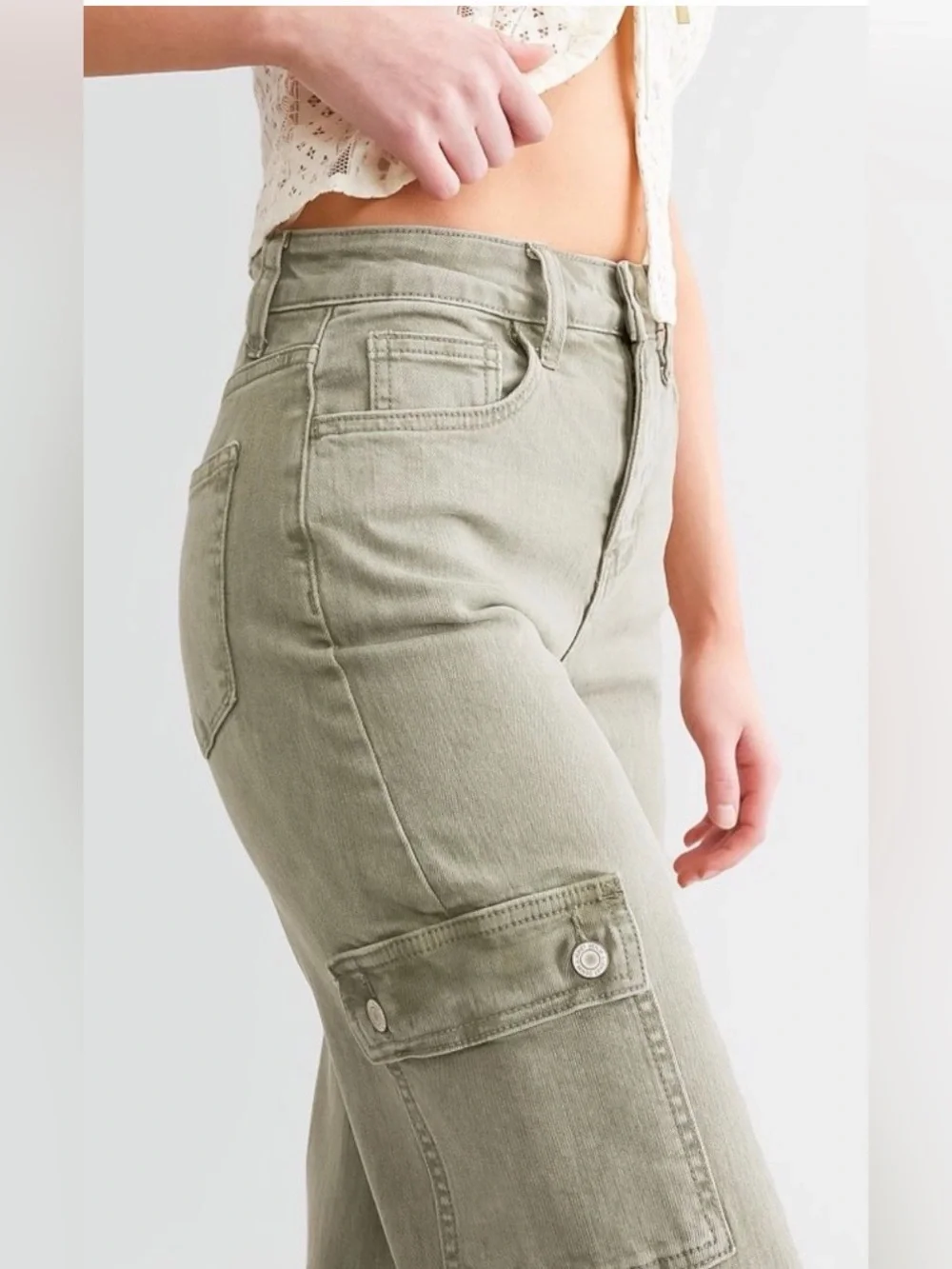 VERVET High-Rise Wide Leg Cargo Jeans in Olive Green - Picture 6 of 11